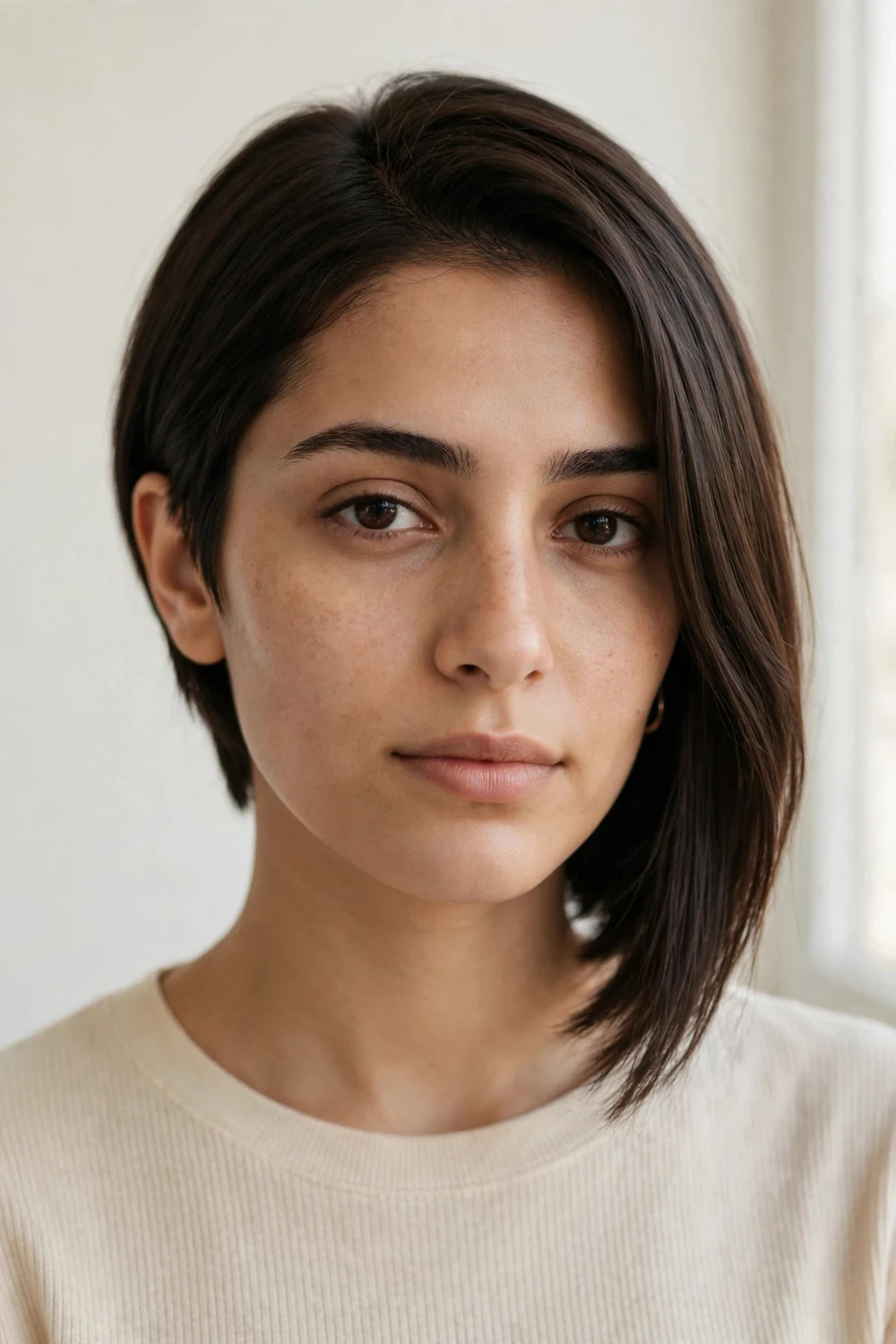 Woman with an asymmetrical cut on straight hair, one side noticeably longer than the other