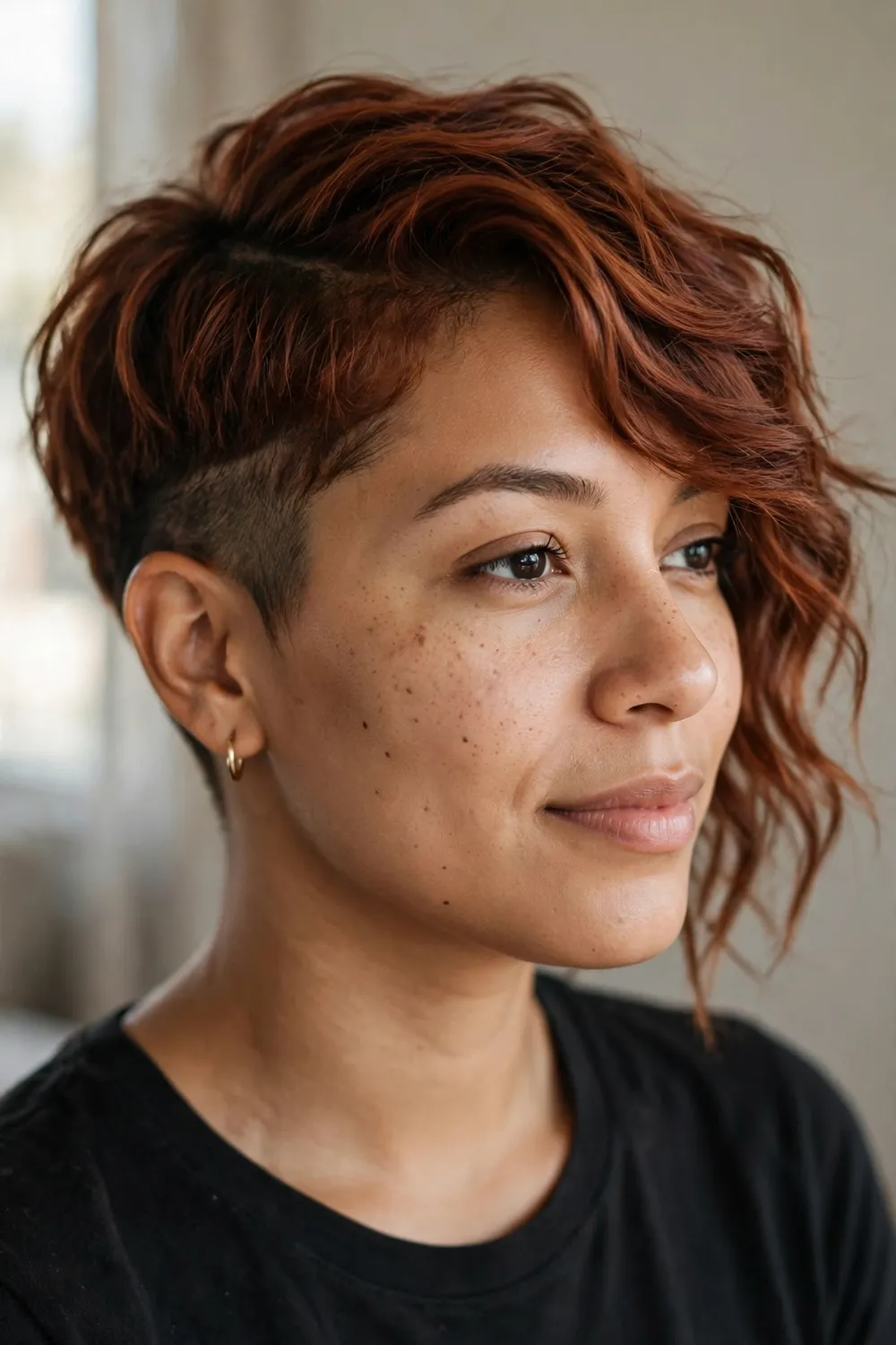 Long side-part pixie with wavy auburn hair swept across the forehead