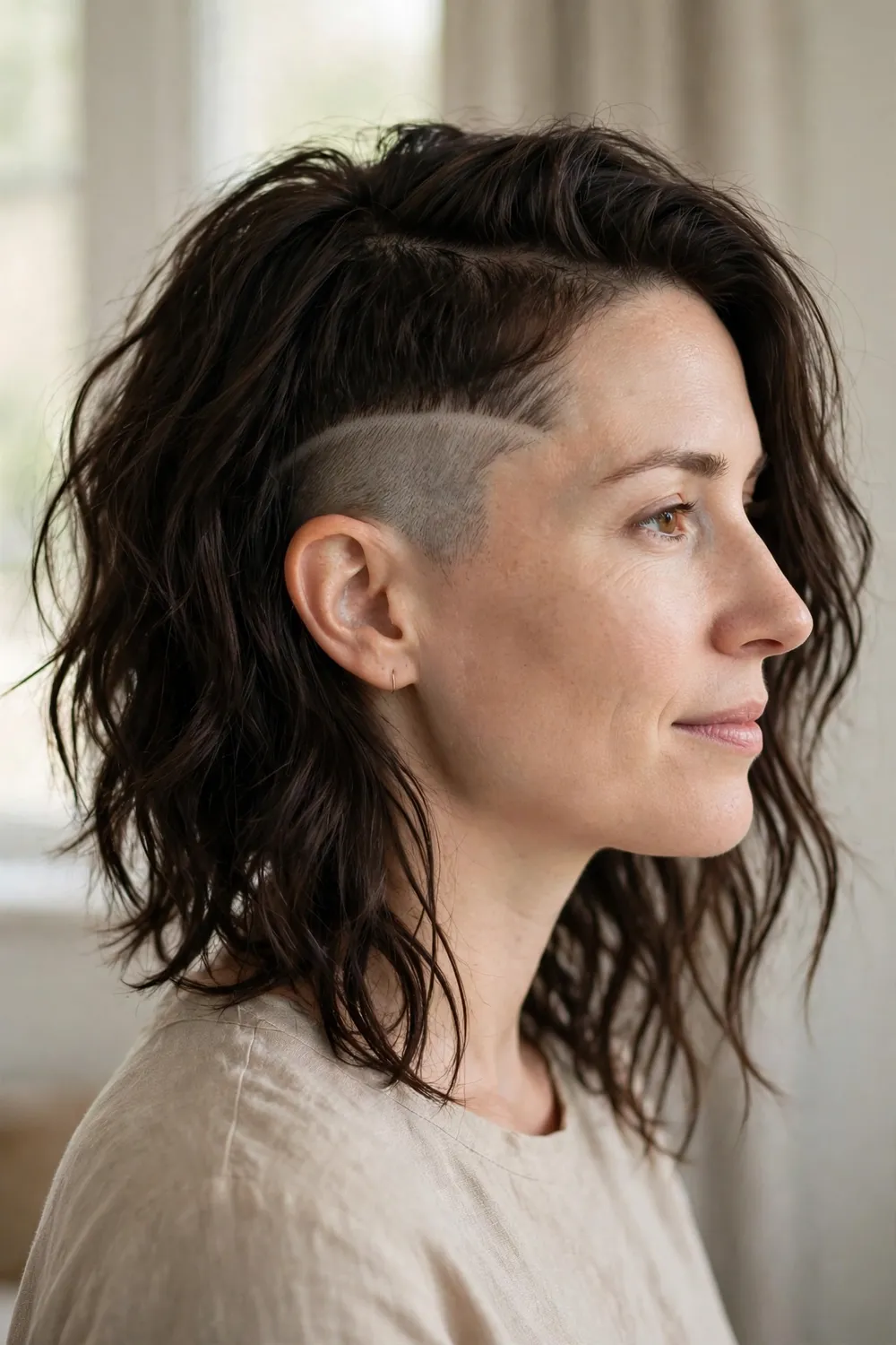 Textured bob with a shaved undercut side and tousled dark brown hair