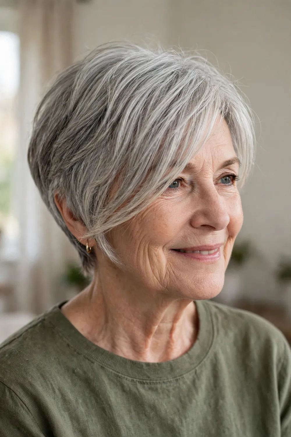 Silver gray off-center bixie with long side bangs on an older woman