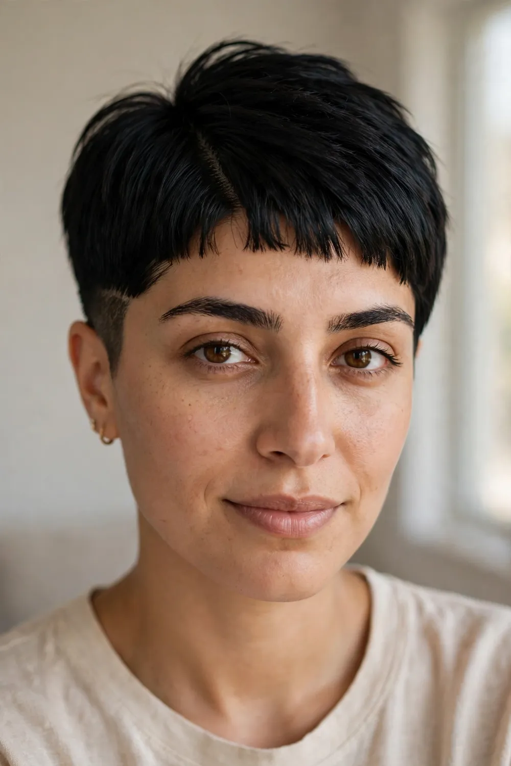 Black pixie with cropped micro bangs and punk-inspired texture