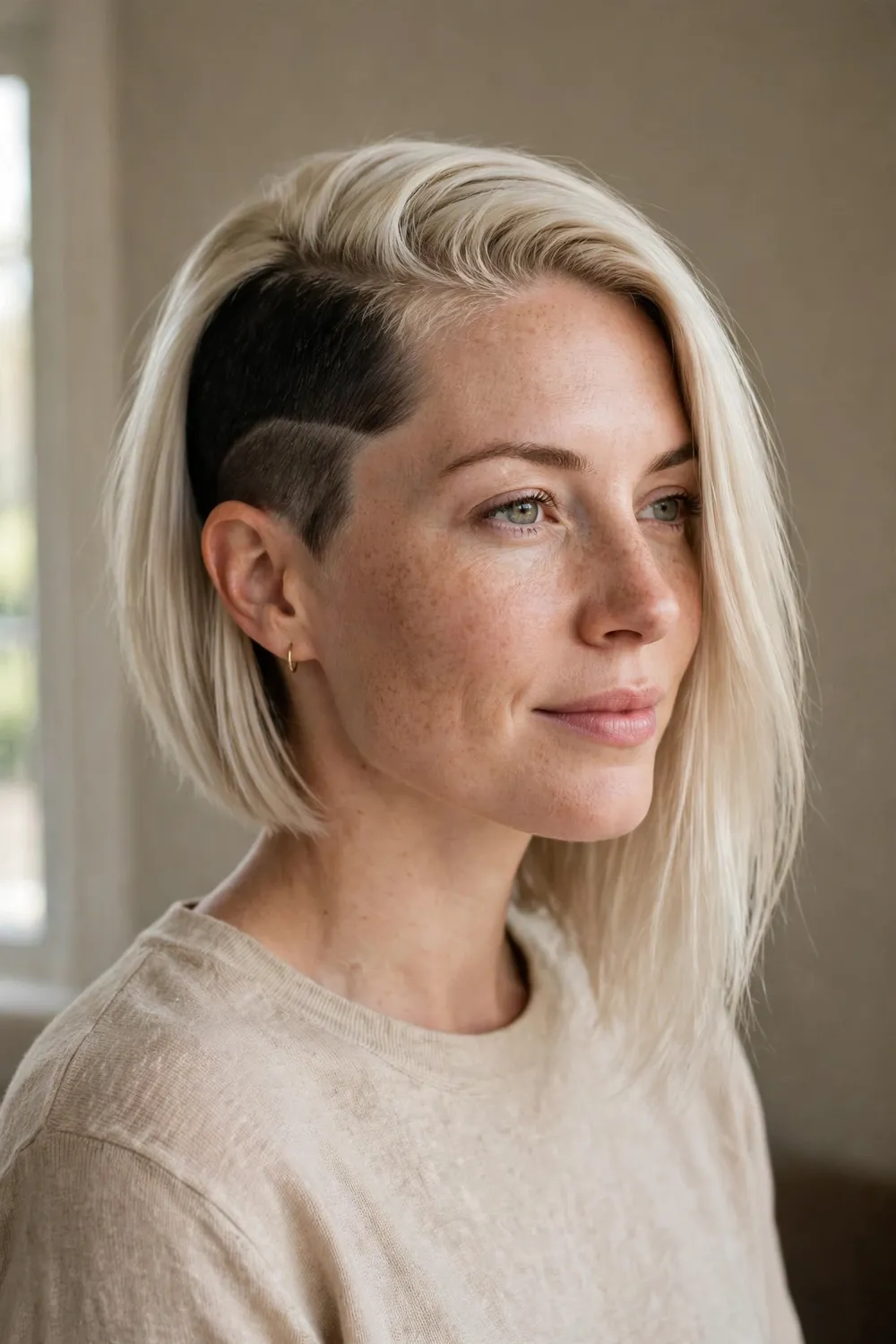 Platinum blonde angled bob with a dark cropped undercut side