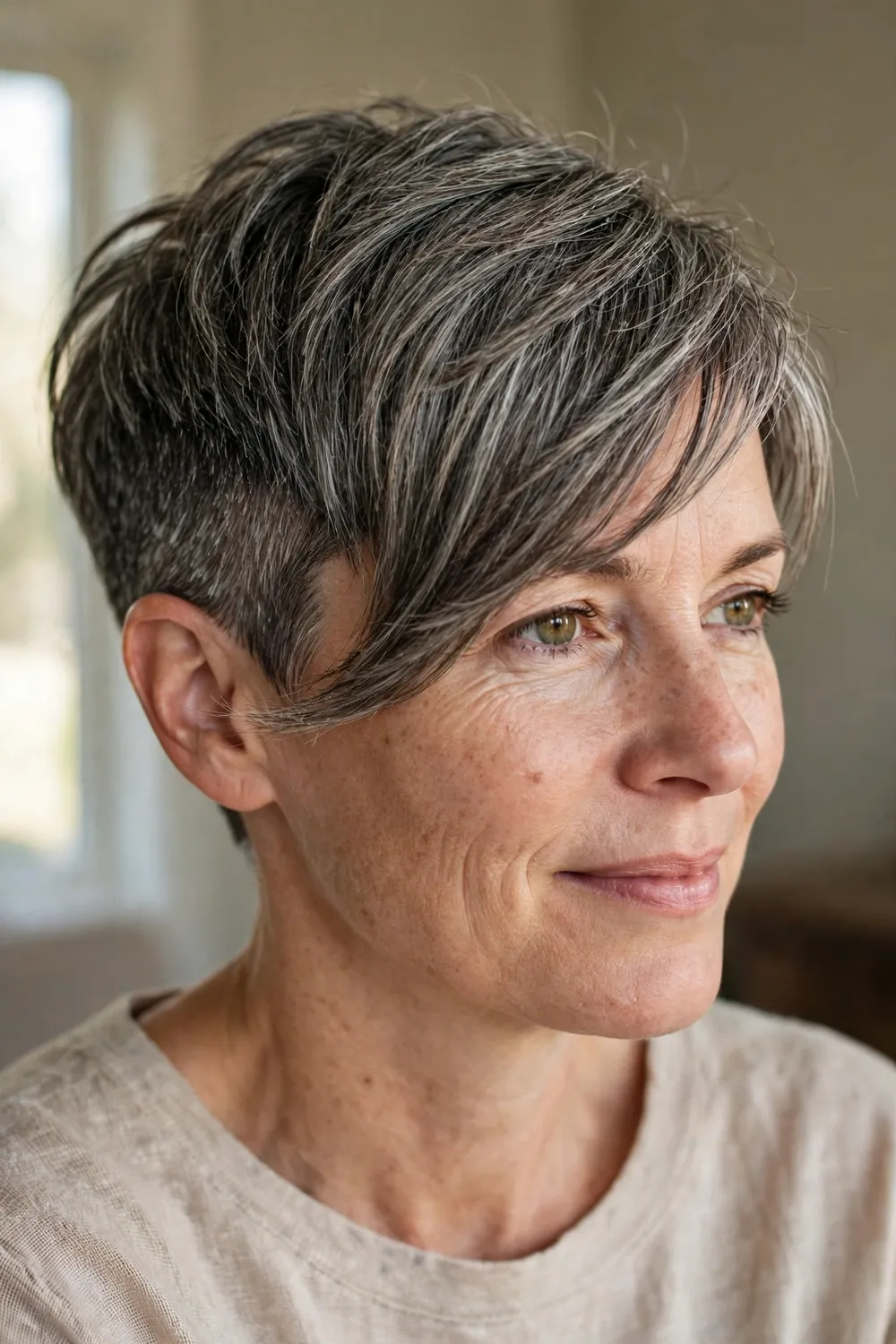 Salt and pepper pixie cut shorter on one side with bangs