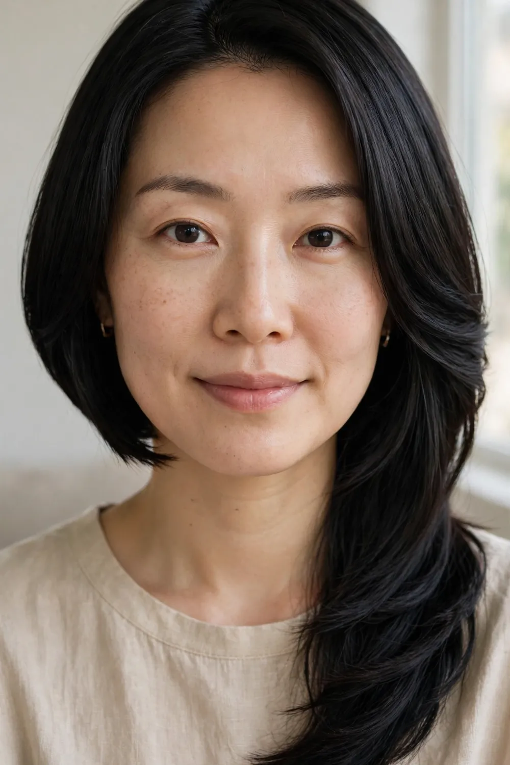 Sleek graduated black bob, chin-length on one side and shoulder-length on the other