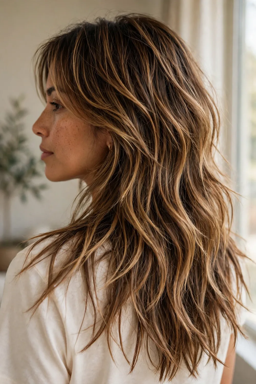 Long caramel choppy layered cut with uneven lengths and balayage