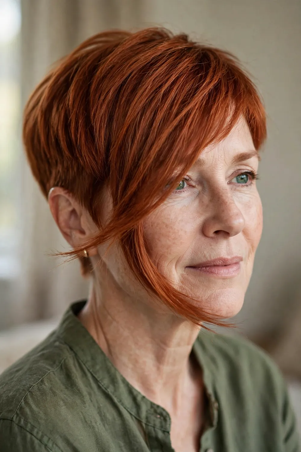 Copper pixie with a long sweeping fringe across the face