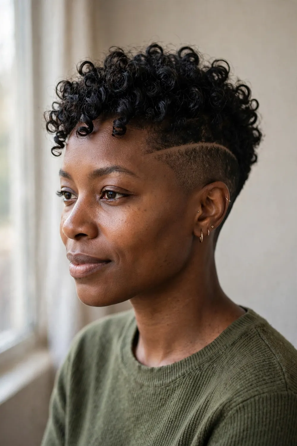 Curly undercut pixie with tight curls on top and shaved sides