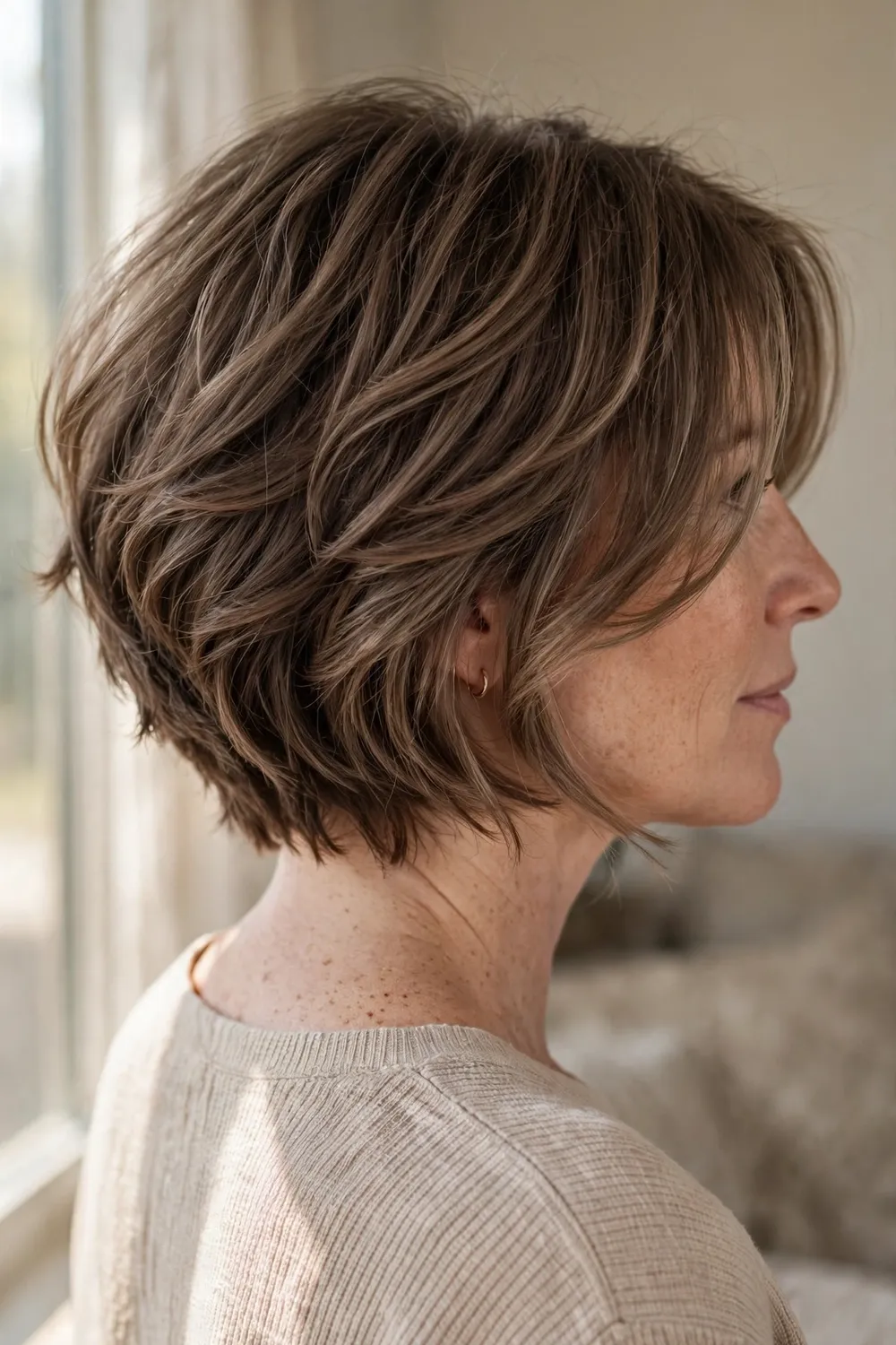 Ash brown bob with a layered back and bouncy shape