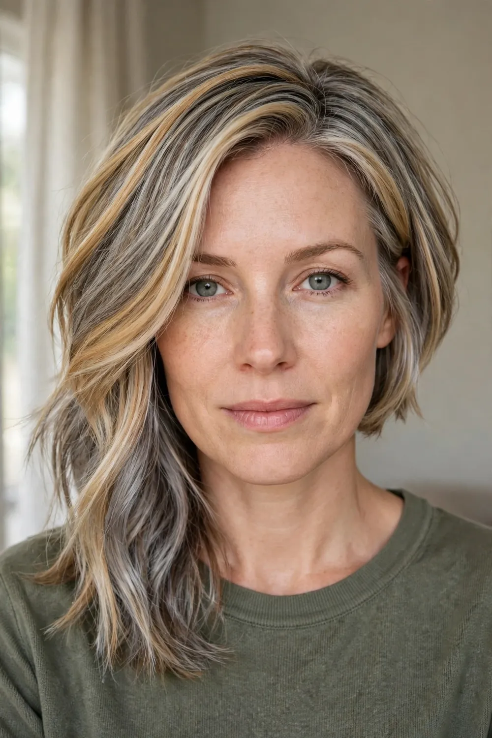 Multi-toned angled lob in gold, gray, silver and ashy blonde shades