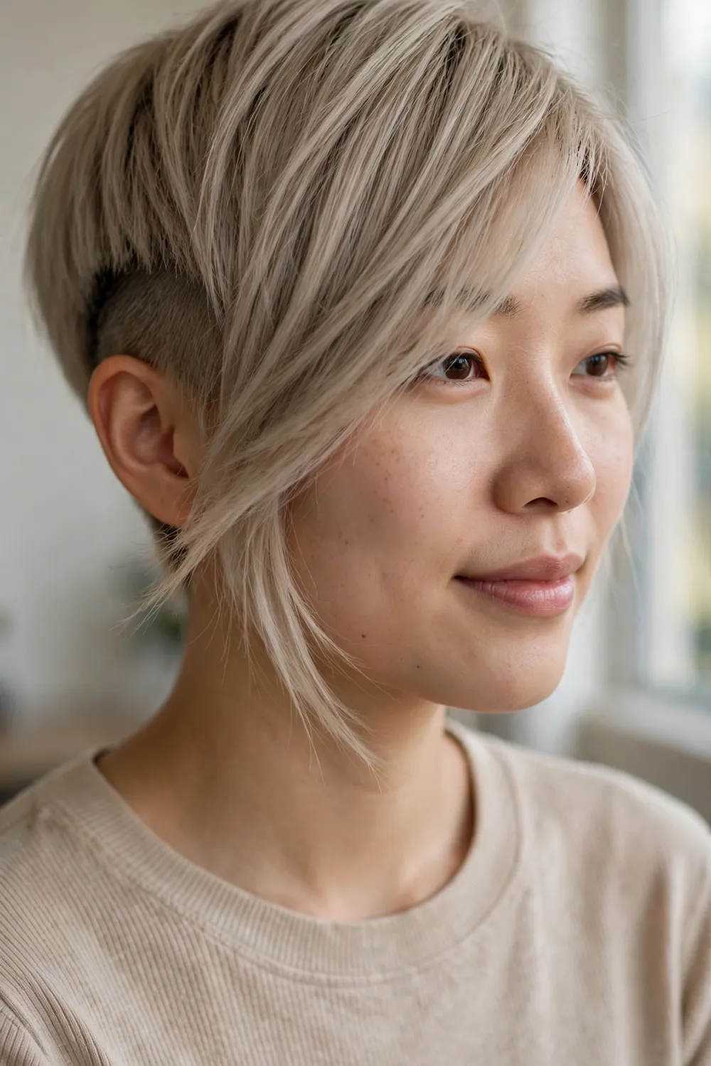 Ash blonde diagonal pixie cut cropped on one side with side-swept bangs