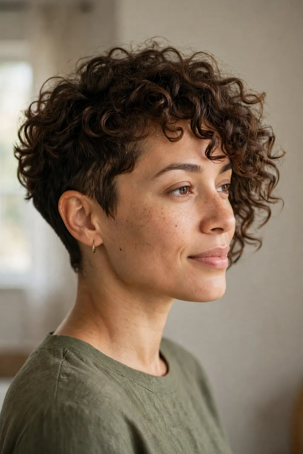 Textured brown curly crop shorter on one side with a side sweep