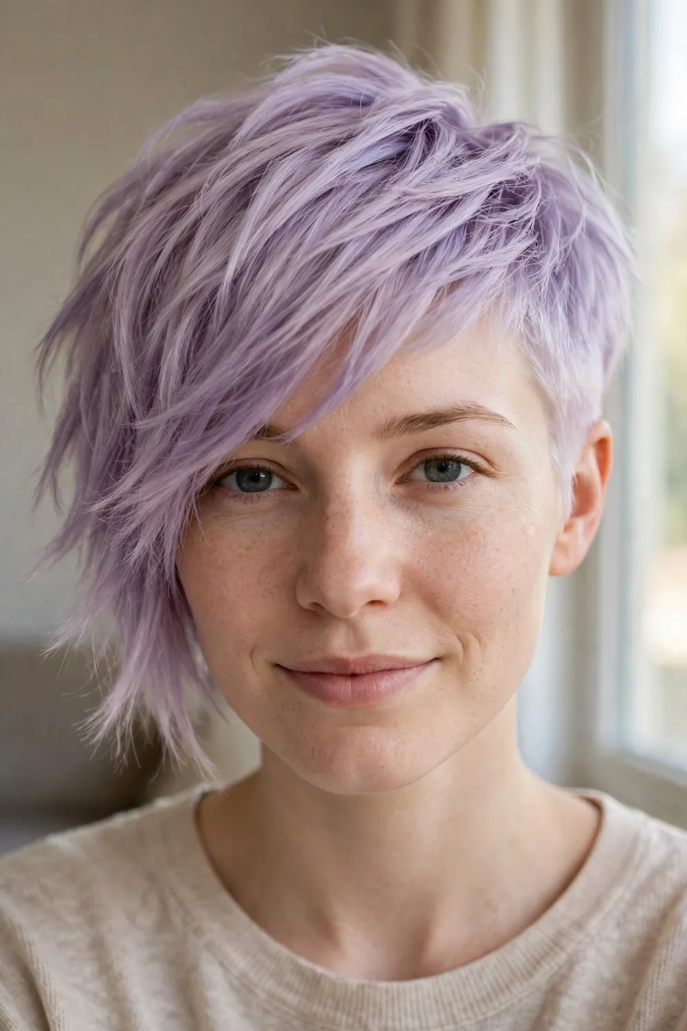 Short pastel lavender layered pixie with textured bangs