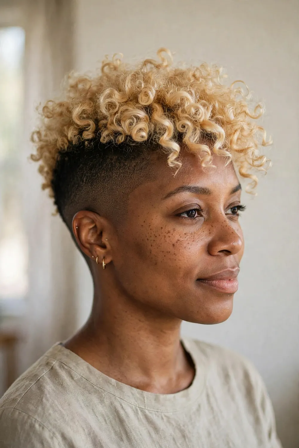Curly blonde top with shaved undercut sides on a black woman