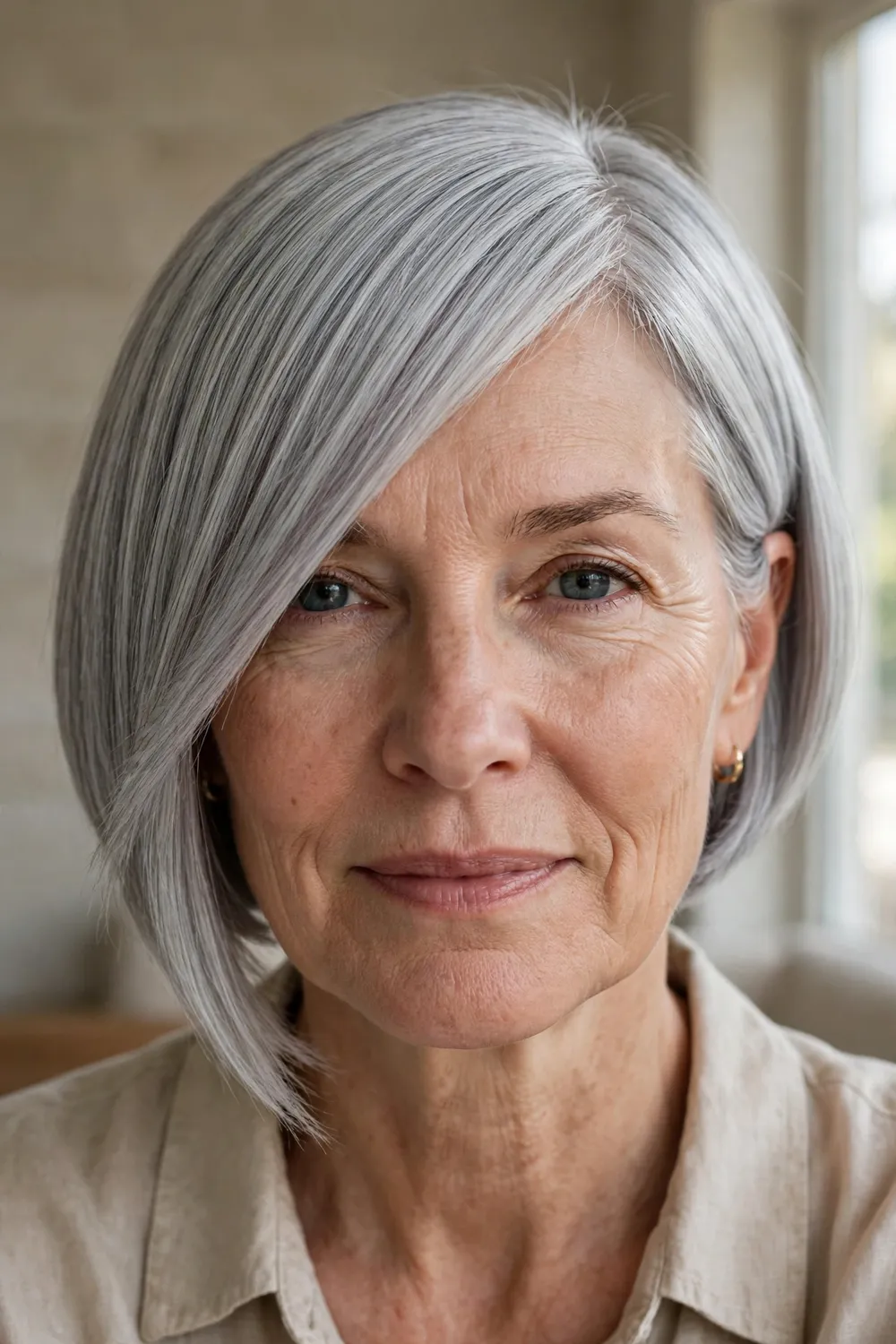 Silver geometric bob with a long sweep of bangs on an older woman