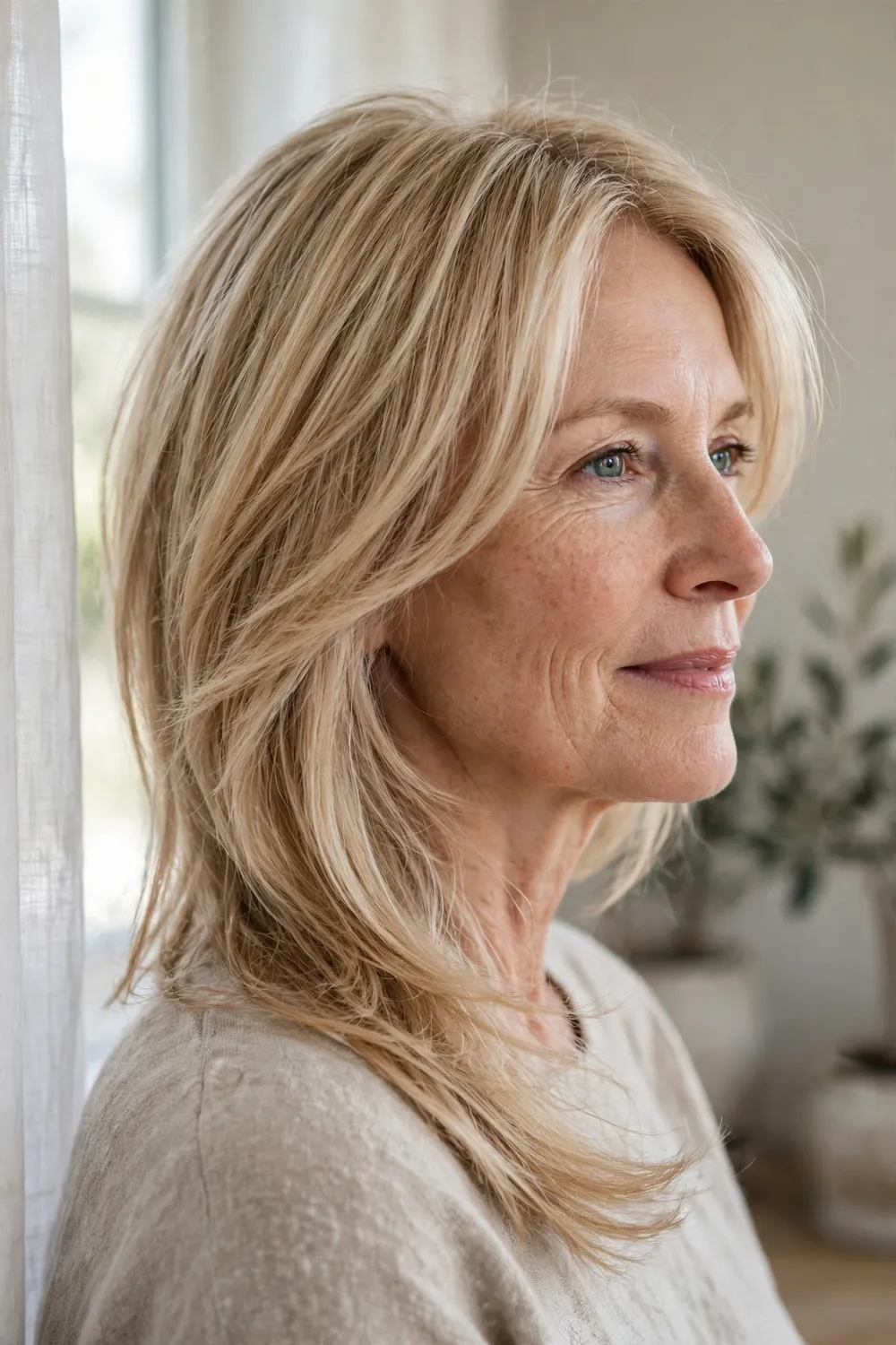 Sandy blonde lob for fine hair with subtle asymmetry and bounce