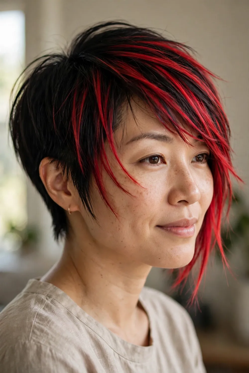 Dark pixie with bright red streaks and an asymmetric shape