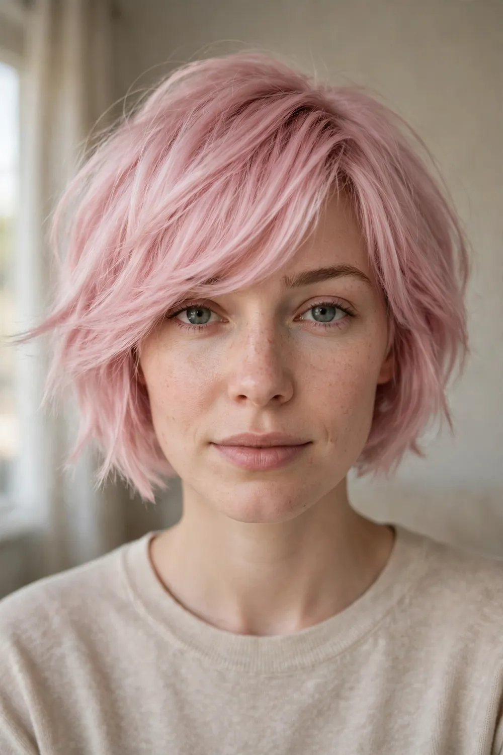Soft pastel pink bob with dramatic side bangs
