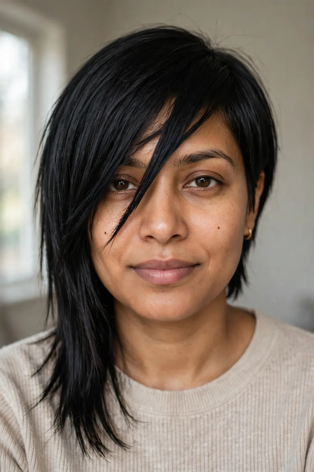 Straight black diagonal cut with choppy slanted bangs