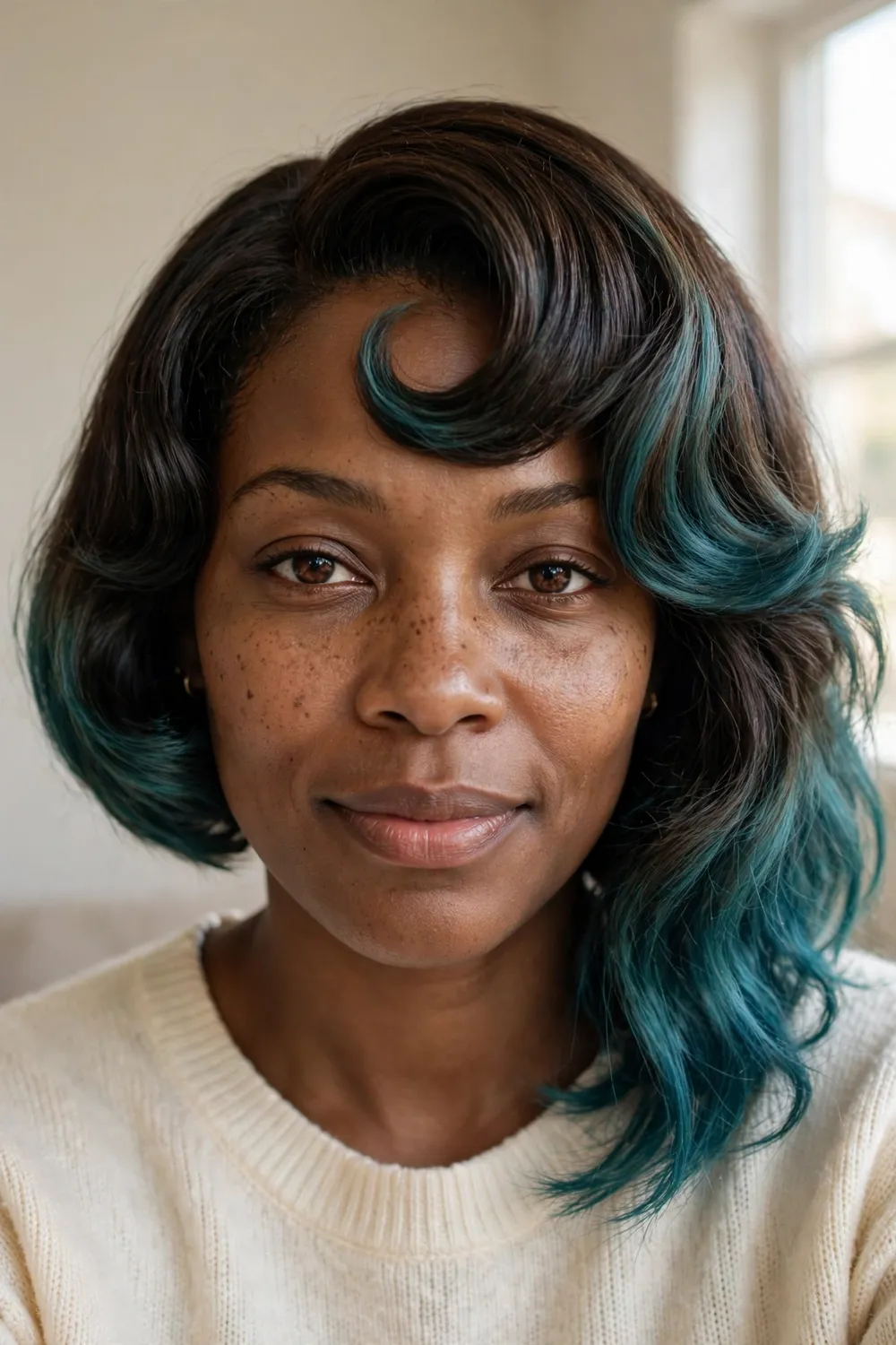 Dark brown to teal ombre bob with 1950s style bangs