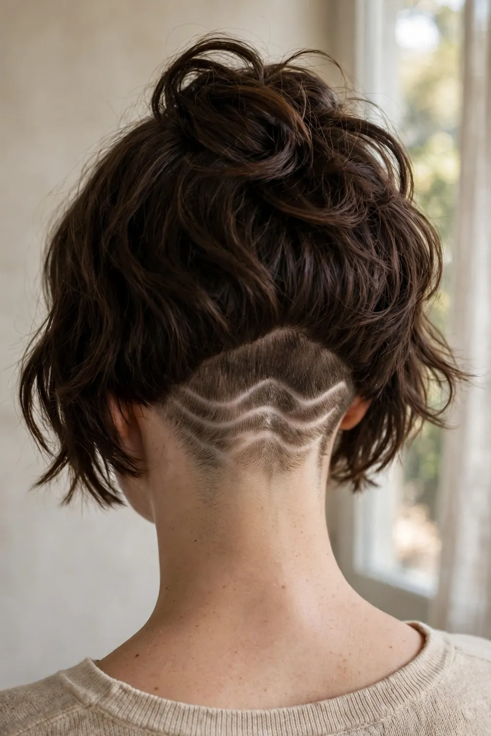 Espresso brown bob with a wave design shaved into the nape undercut