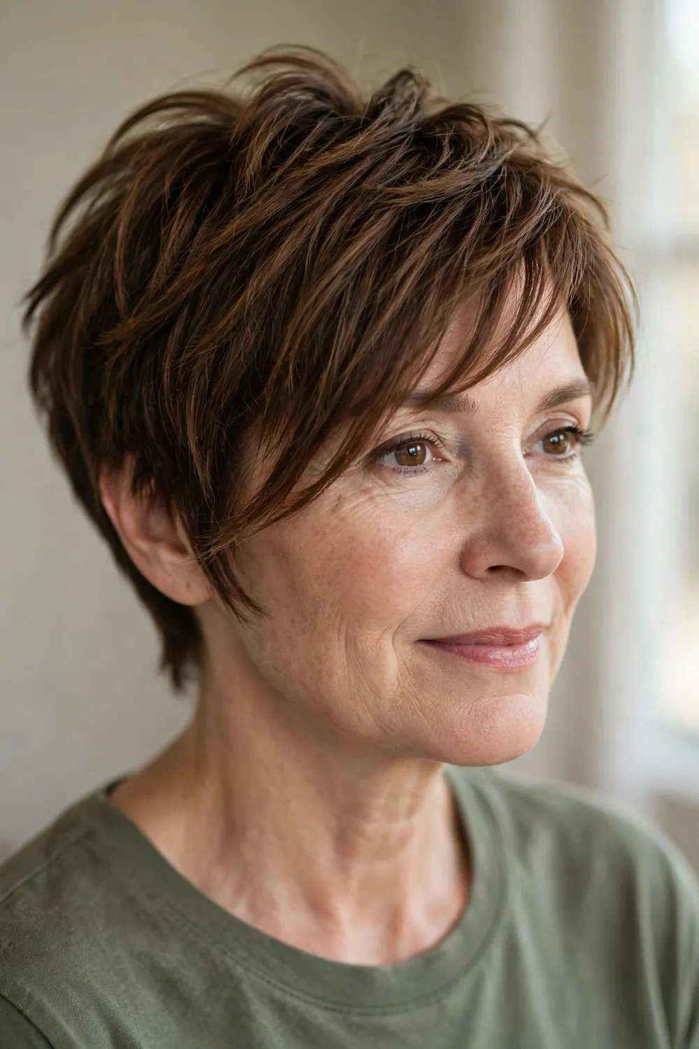 Warm brown feathered top pixie with complementary side bangs