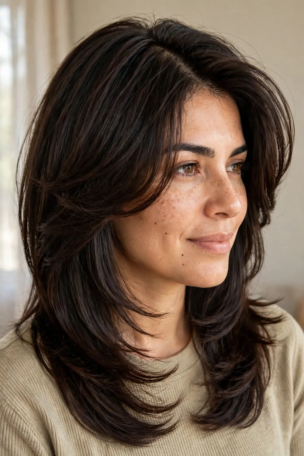 Long dark brown side-swept layered cut with a deep side part