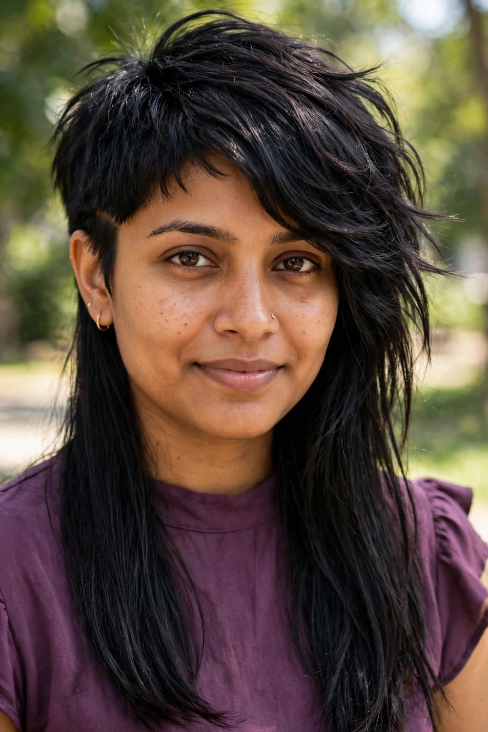 Woman with an asymmetrical jellyfish haircut with uneven top layer