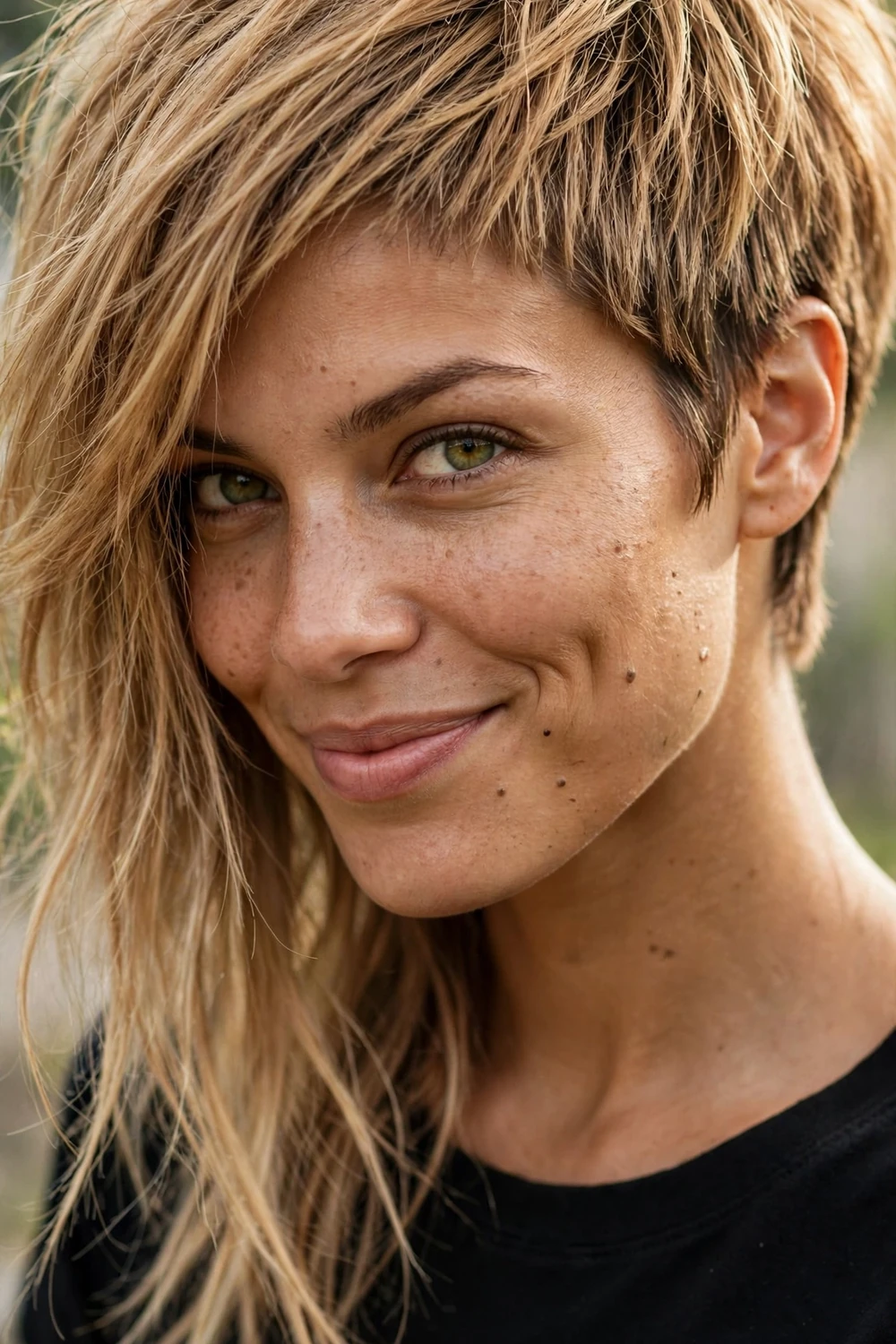 Asymmetrical layered bob with one side longer than the other