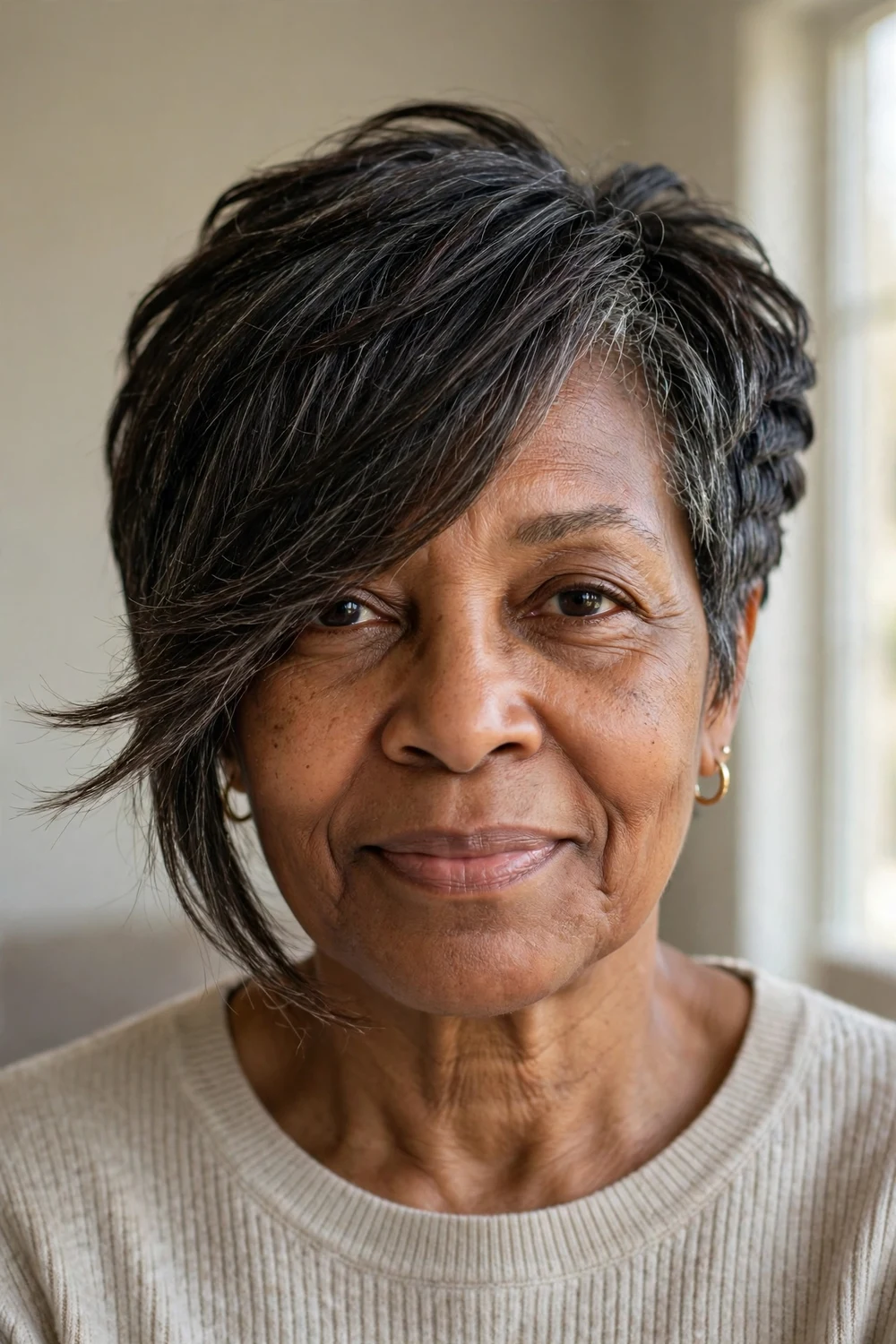 Woman over 50 with an asymmetrical layered pixie