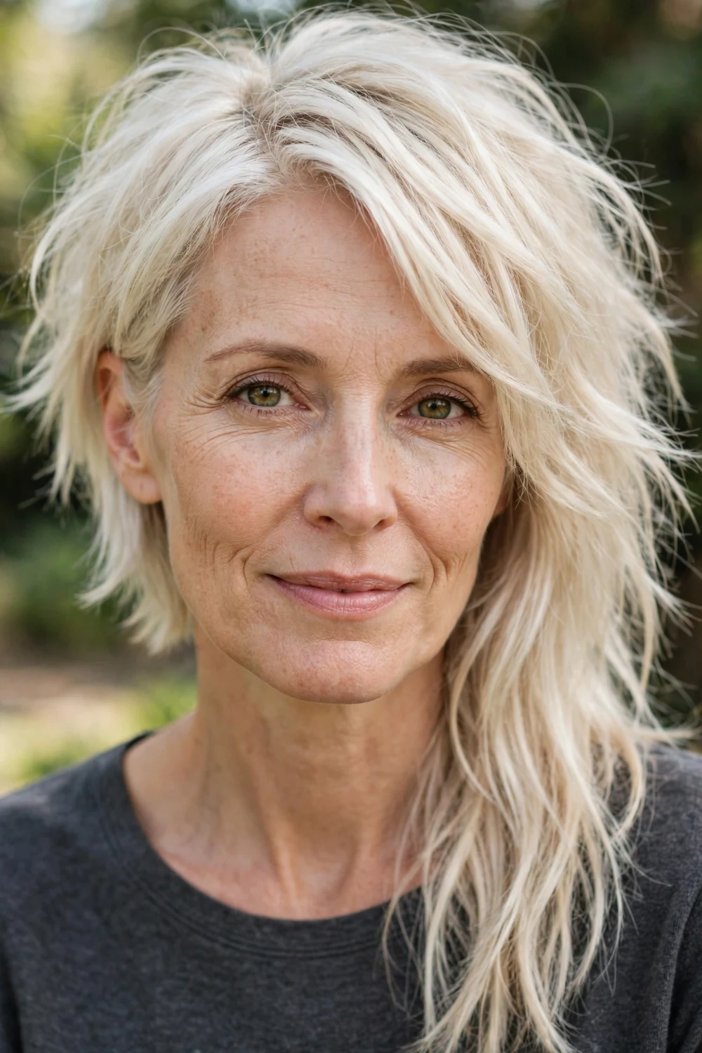 Woman with a long oval face wearing an asymmetrical lob longer on one side with textured layers