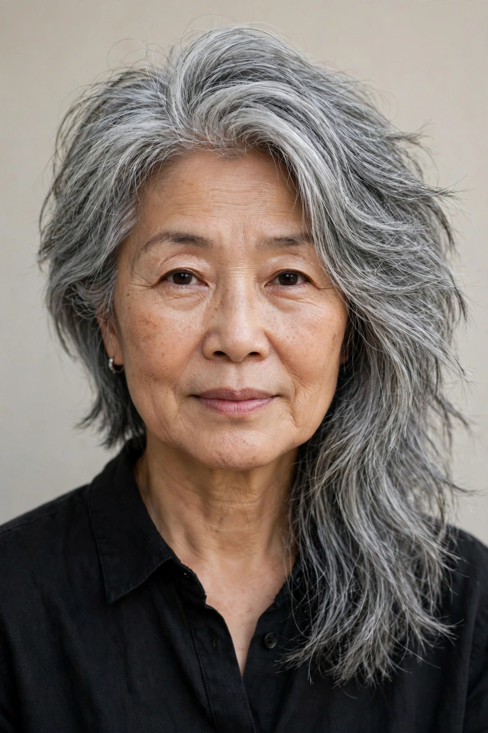 Woman in her 60s with asymmetrical lob with blunt ends, three-quarter view