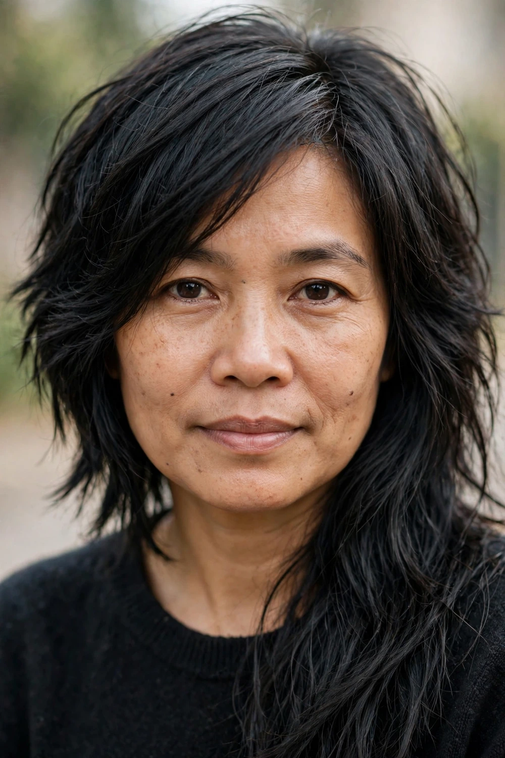 Woman with an asymmetrical long shag haircut, one side cut shorter and heavier with a diagonal part
