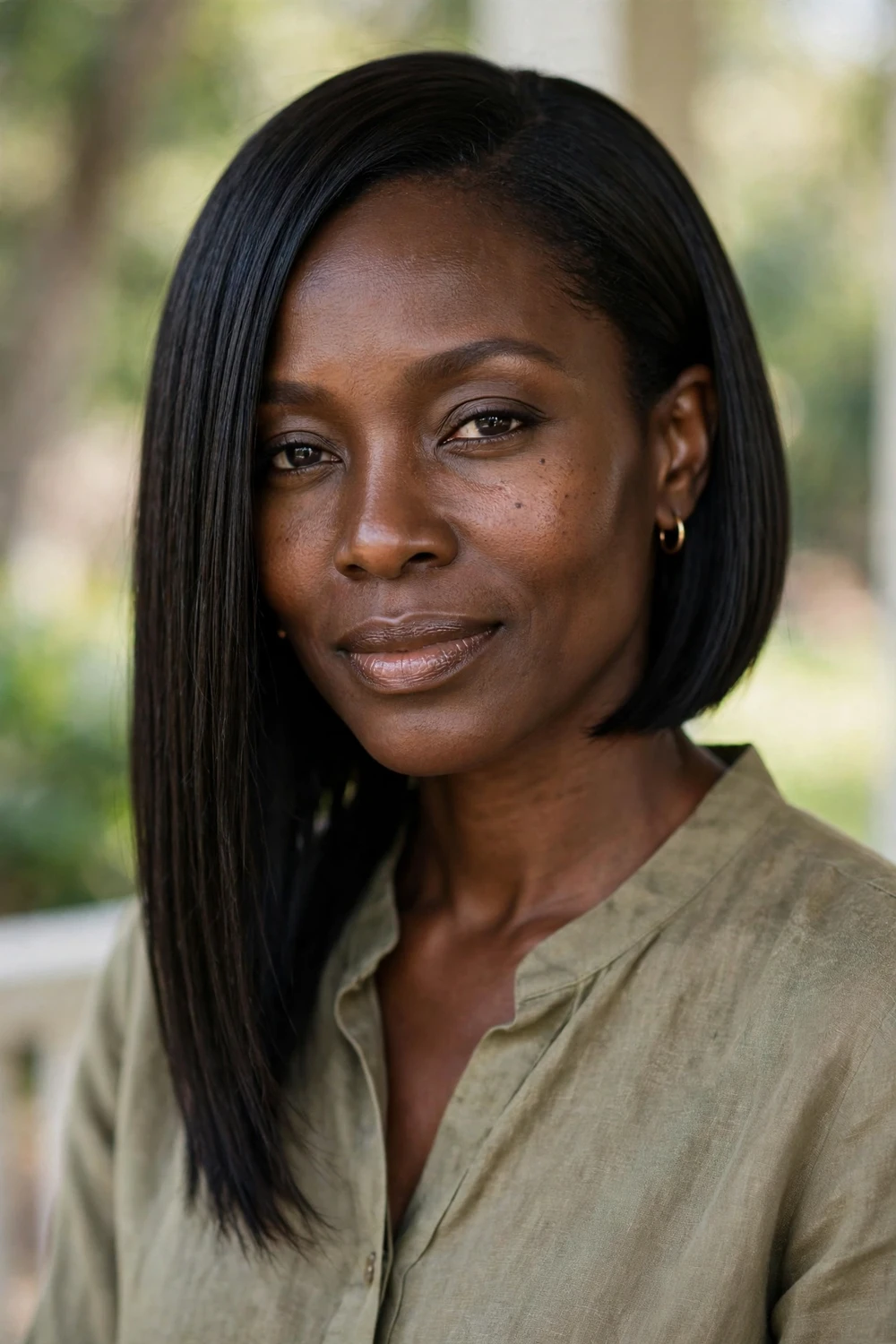 Black woman with an asymmetrical medium haircut, one side longer, sleek finish