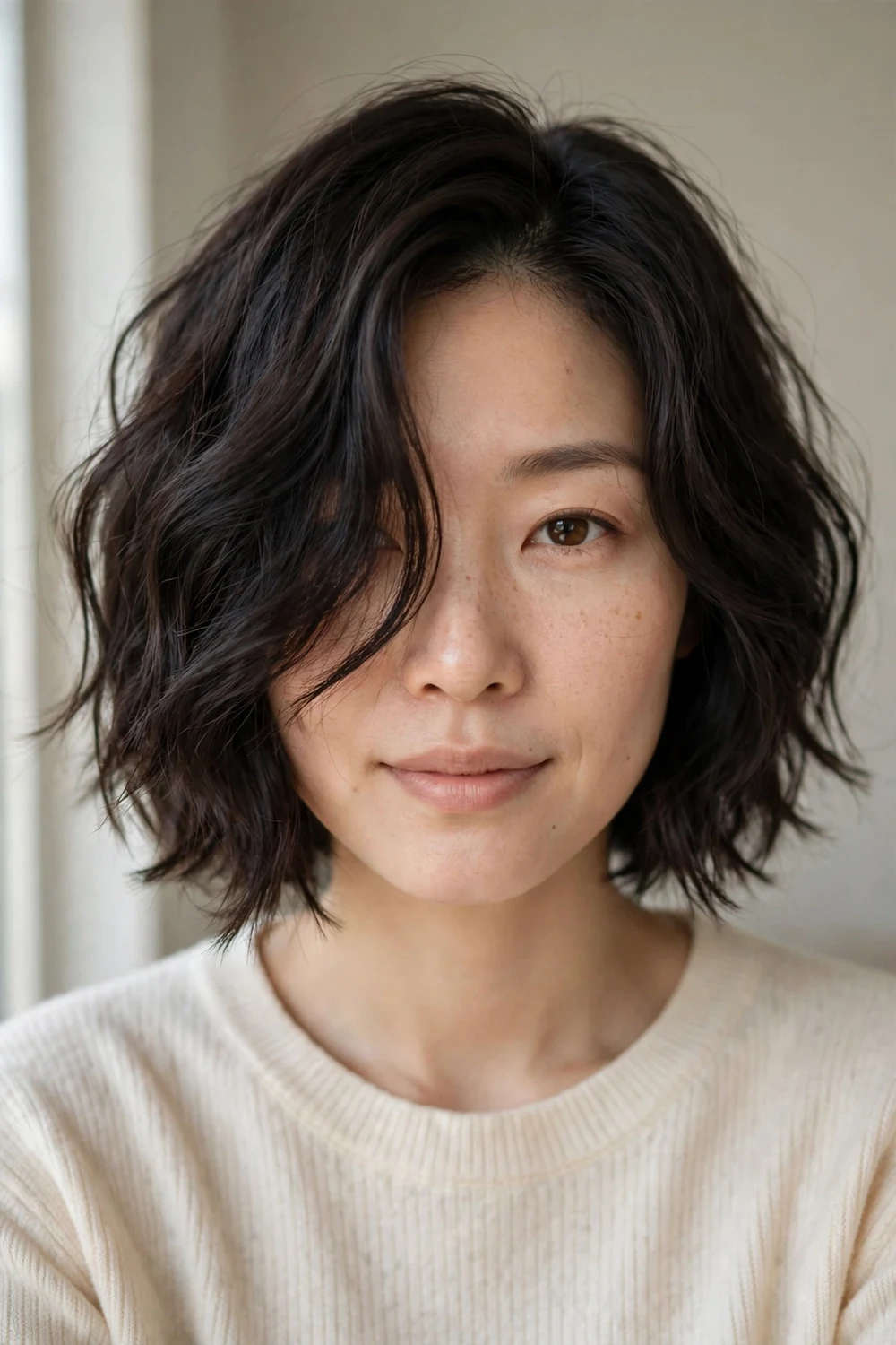 Asymmetrical wavy bob with deep side part and peek-a-boo sweep on dark espresso hair, front view