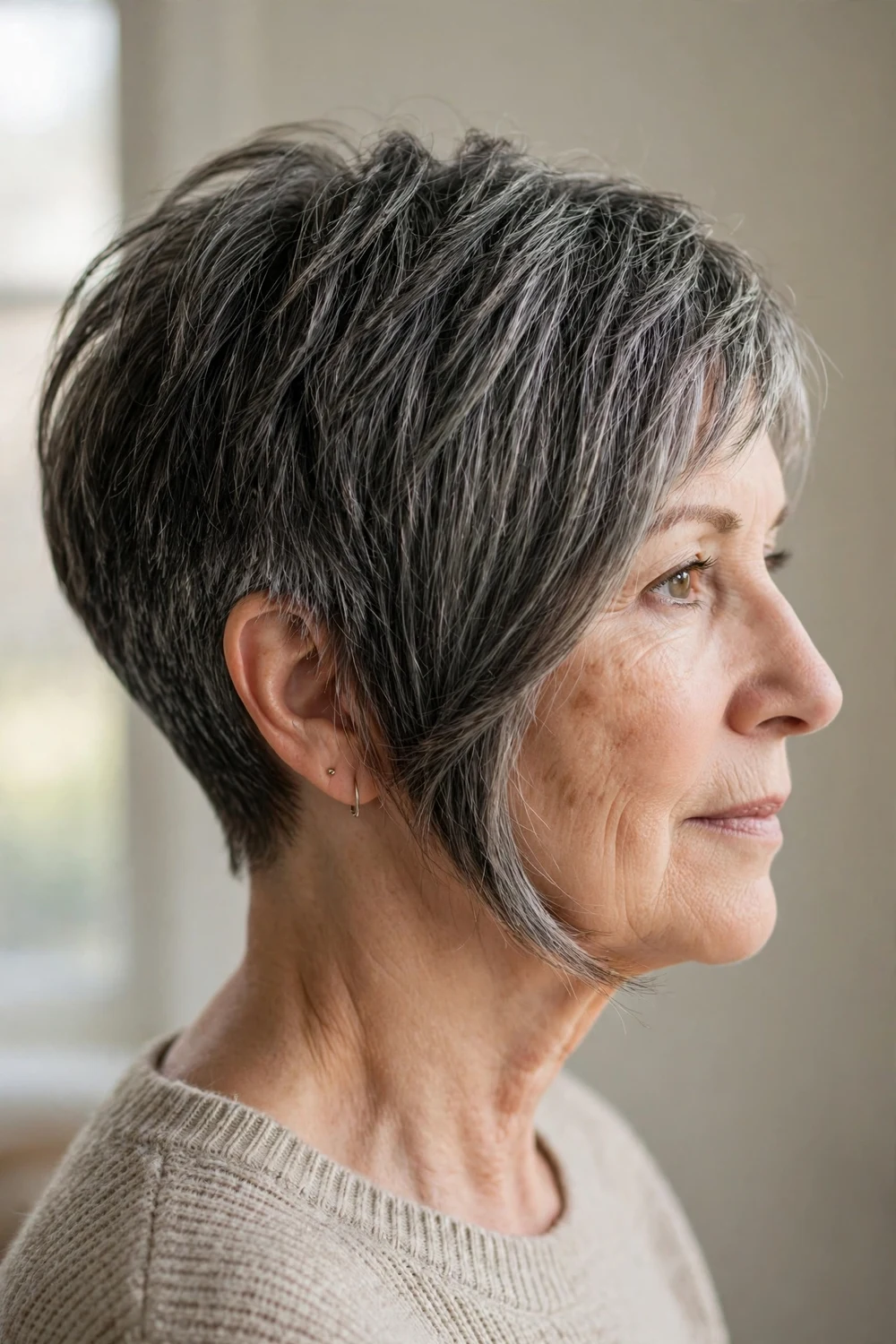 Older woman with asymmetrical pixie bob hybrid, short graduated back with longer front