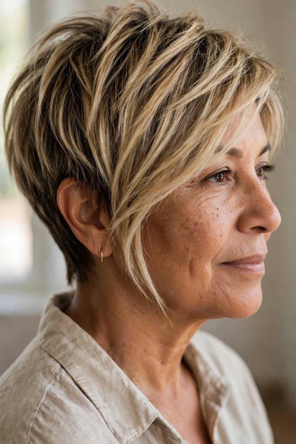 Woman over 50 with blonde balayage asymmetrical pixie, hand-painted highlights on longer side