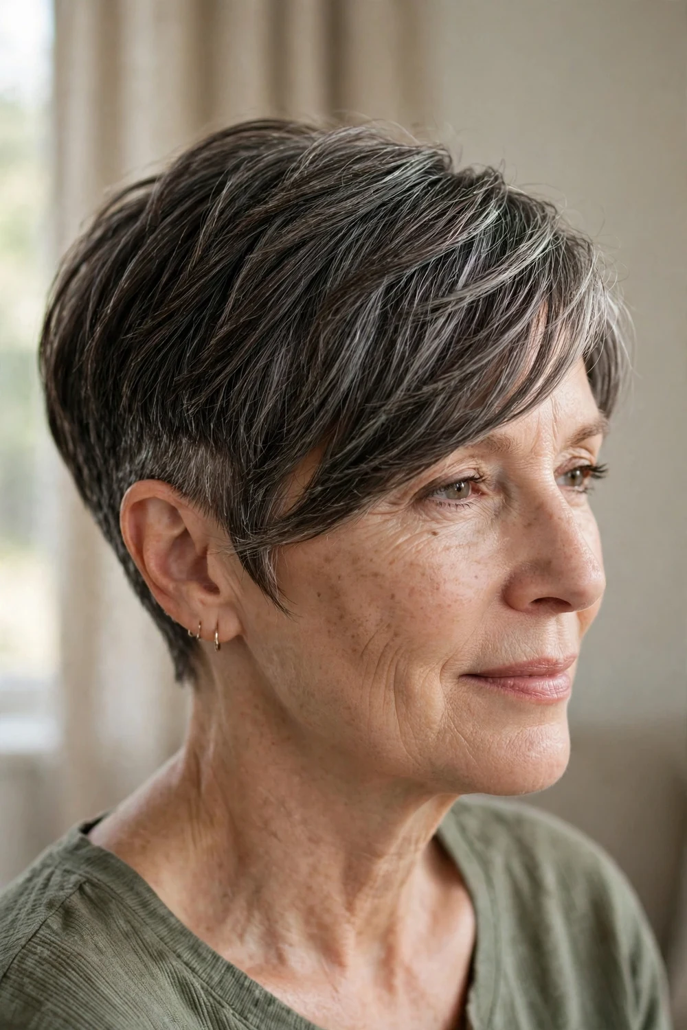 Woman over 50 with classic side-swept asymmetrical pixie cut, longer side swept across forehead