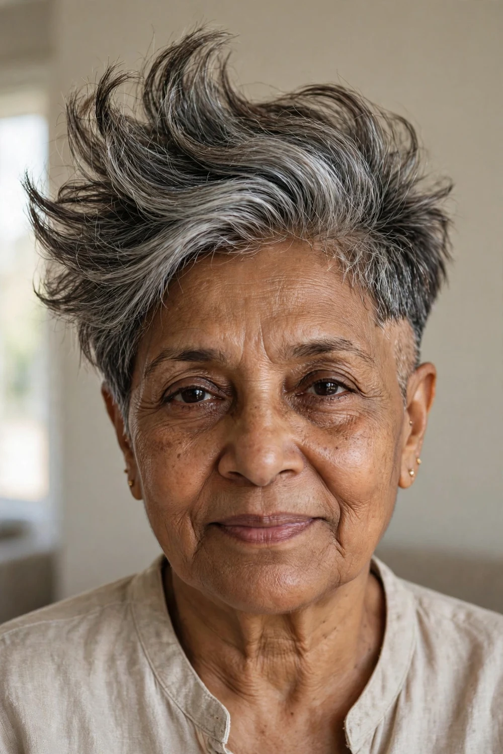 Older woman with crown-volume asymmetrical pixie, lifted height on top with short side
