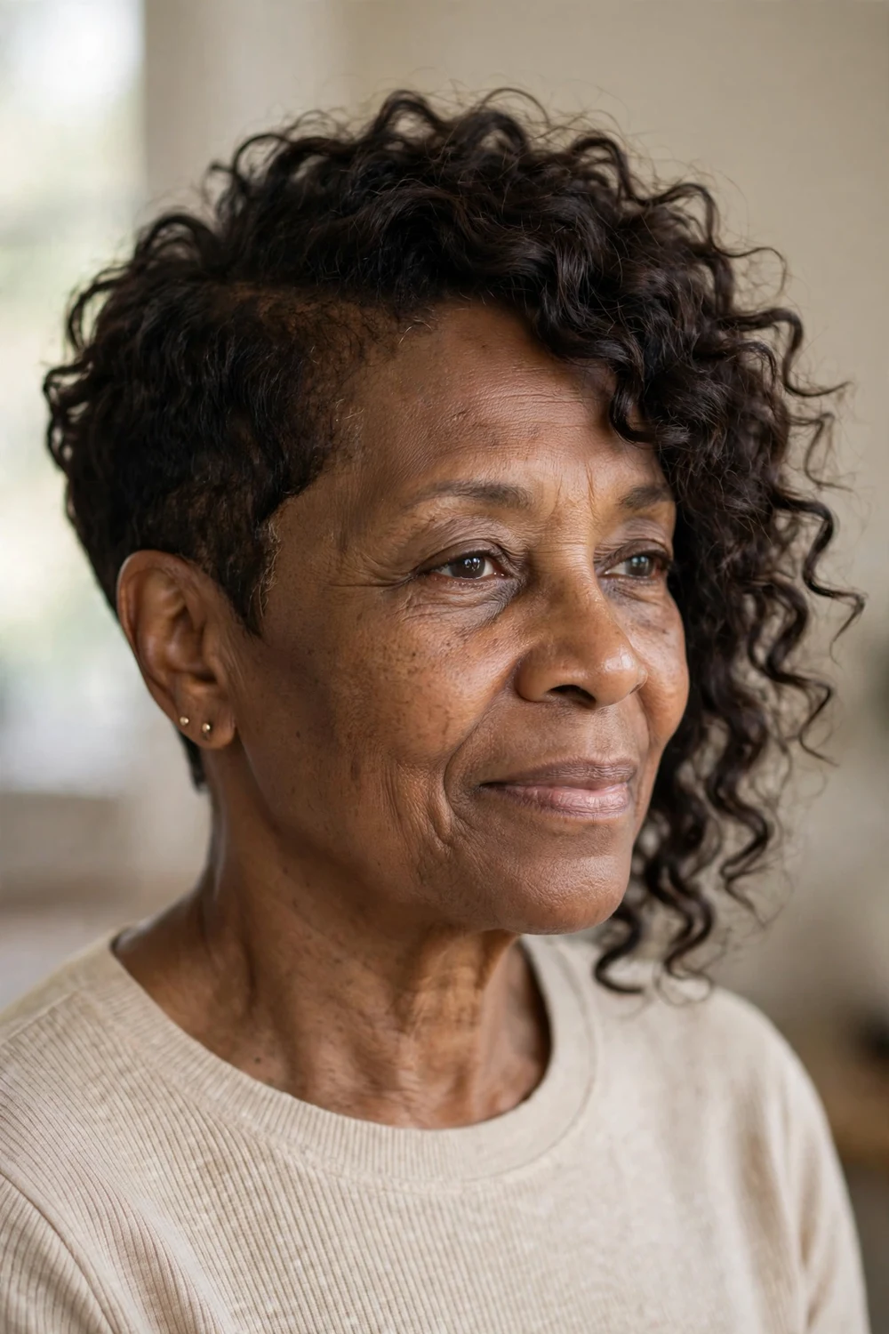 Woman over 50 with curly asymmetrical pixie, one side cropped close with longer curls opposite