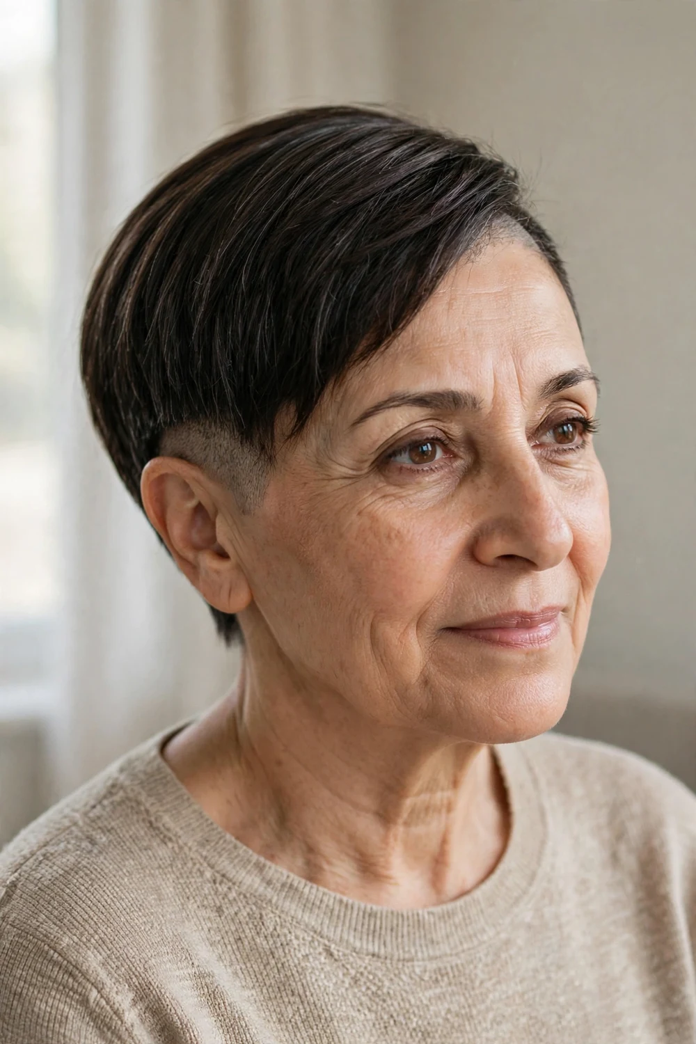 Woman in her 50s with disconnected asymmetrical pixie, visibly separate long and short sections