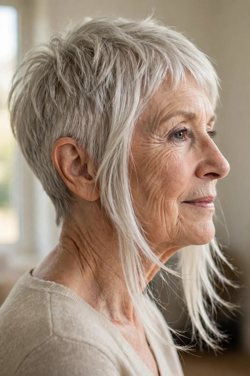Older woman with fine hair wearing asymmetrical pixie with elongated side bangs past chin