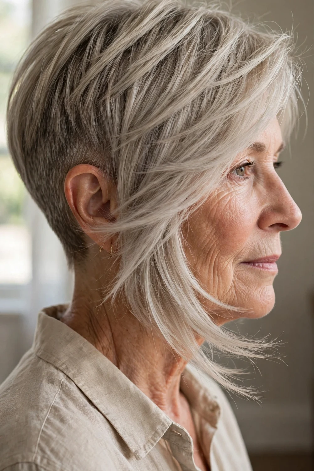 Mature woman with feathered asymmetrical pixie, soft angled layers around face
