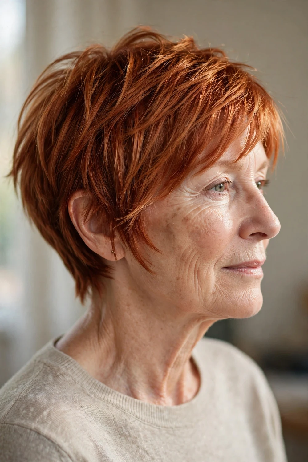 Older woman with ginger red asymmetrical pixie, copper tones with uneven lengths