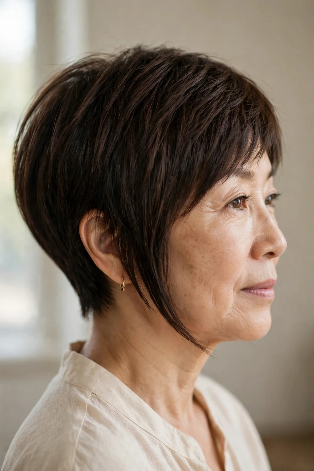 Woman in her 50s with graduated asymmetrical pixie, smooth slope from longer front to short back