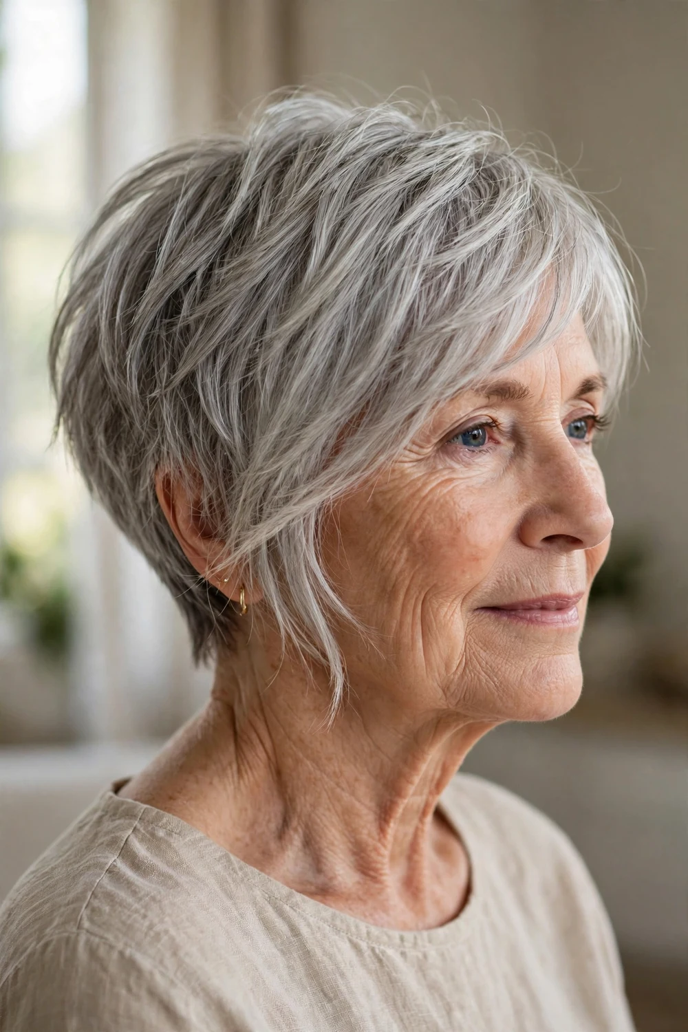 Woman in her 60s with silver grey asymmetrical pixie, natural grey with modern uneven cut