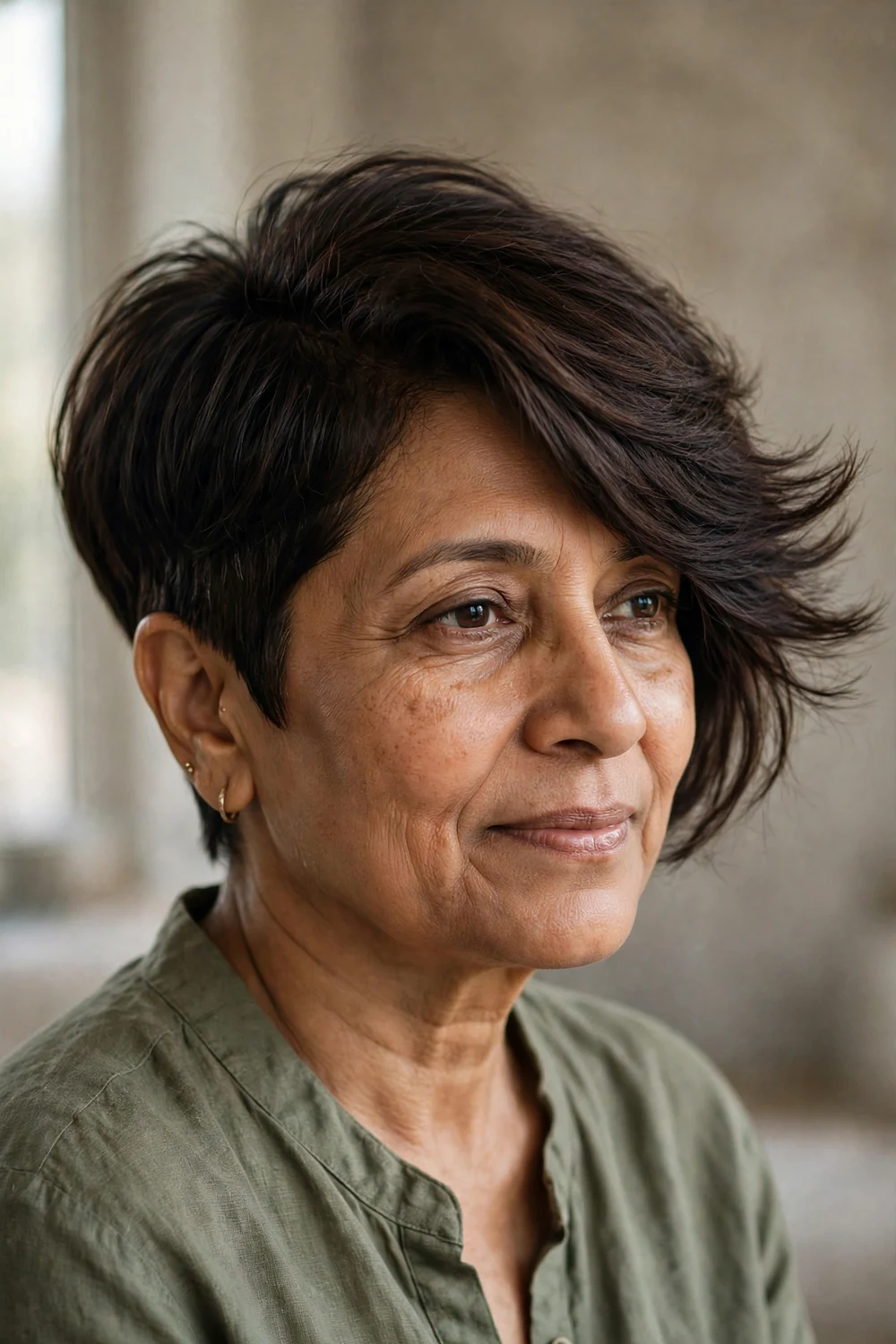 Woman over 50 with long-top asymmetrical pixie, extended crown length sweeping to one side