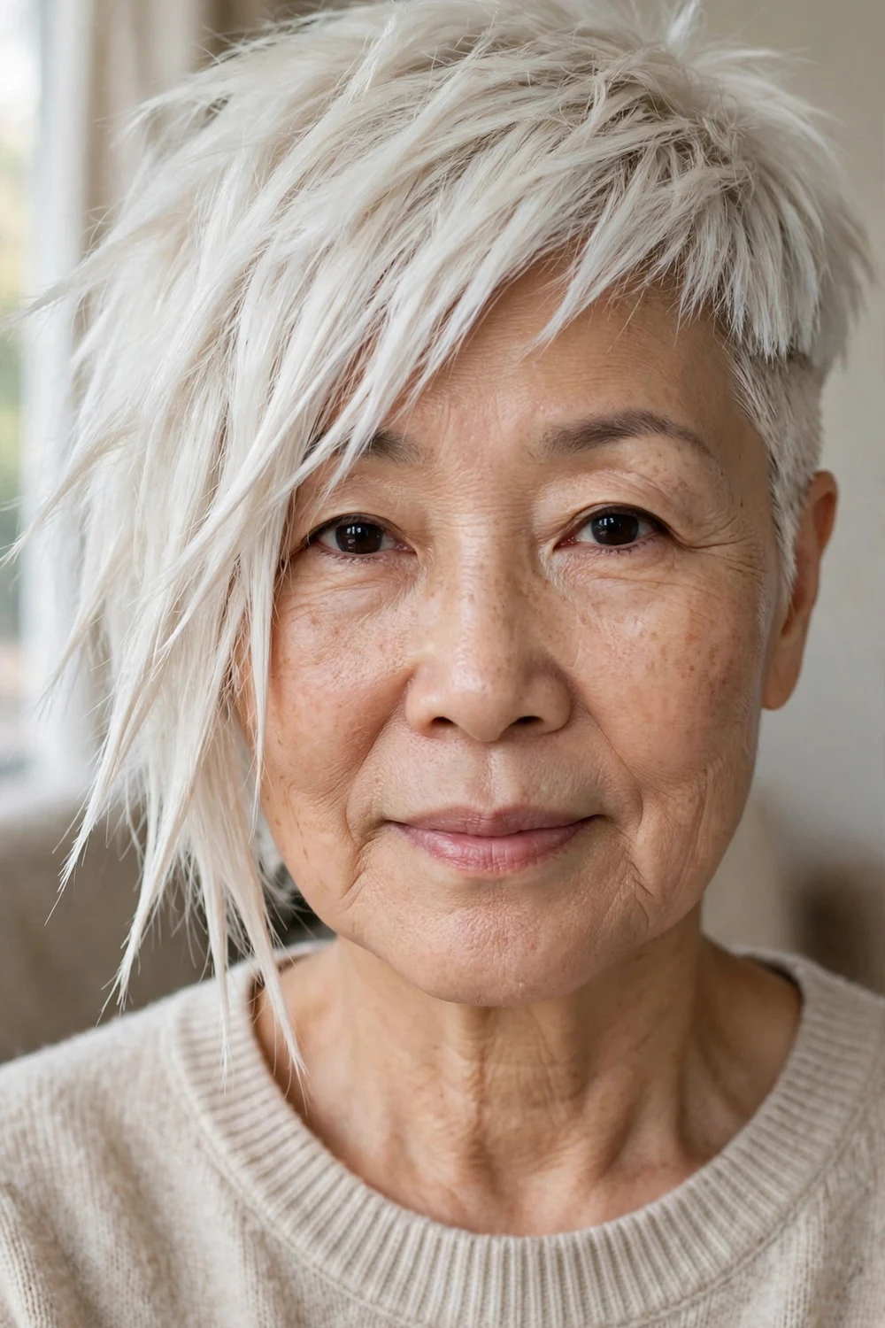 Mature woman with platinum blonde asymmetrical pixie, bright icy color with sharp uneven cut