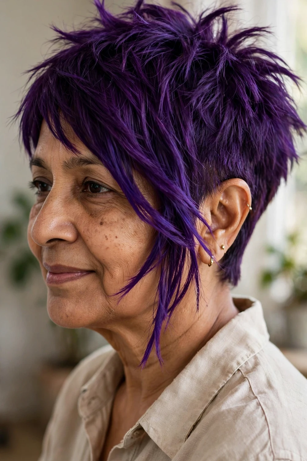 Woman over 50 with purple asymmetrical pixie, playful violet color with modern cut