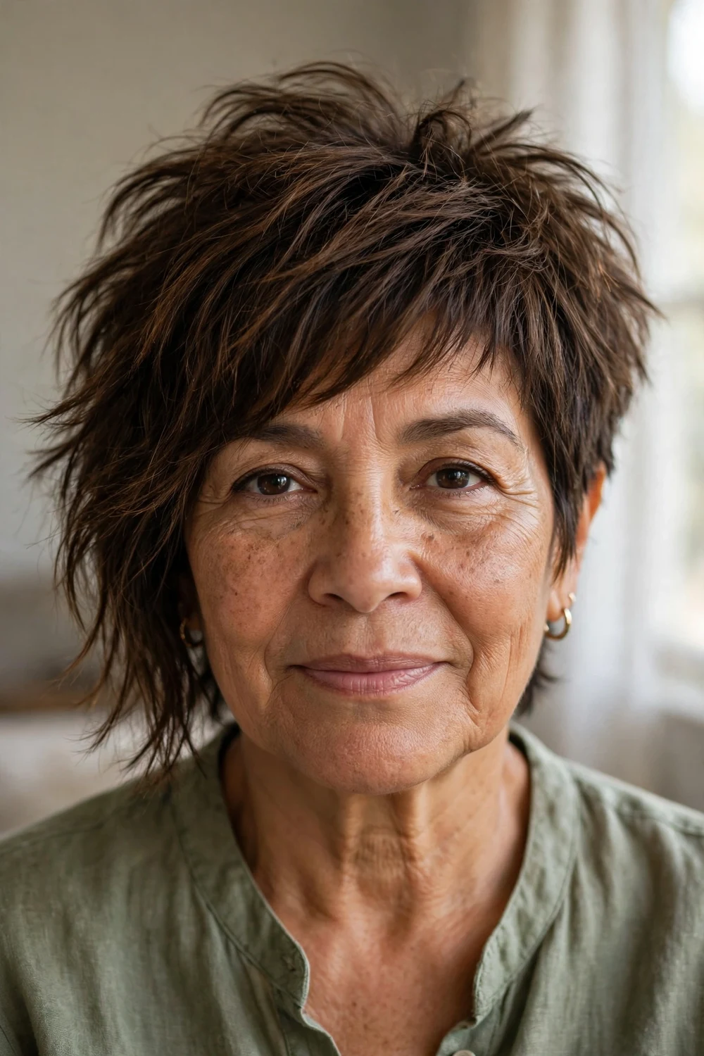 Woman over 50 with shaggy asymmetrical pixie, relaxed tousled layers with uneven lengths