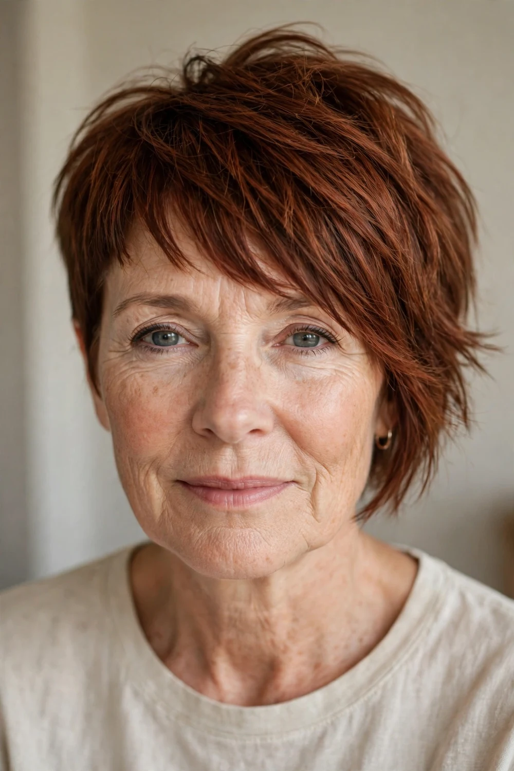 Older woman with asymmetrical pixie and short textured bangs, bold fringe with uneven sides